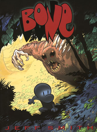 On the cover, we see our protagonist, Fone Bone, being ambushed by a rat creature.