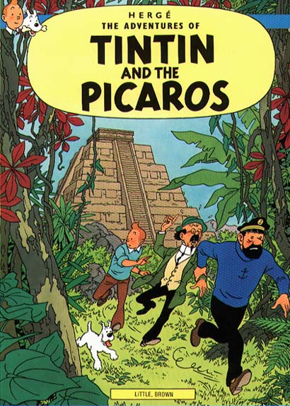On the last cover of the series, we see the dog, Snowy, and from left to right, Tintin, Professor Calculus, and Captain Haddock running away from an unseen force.